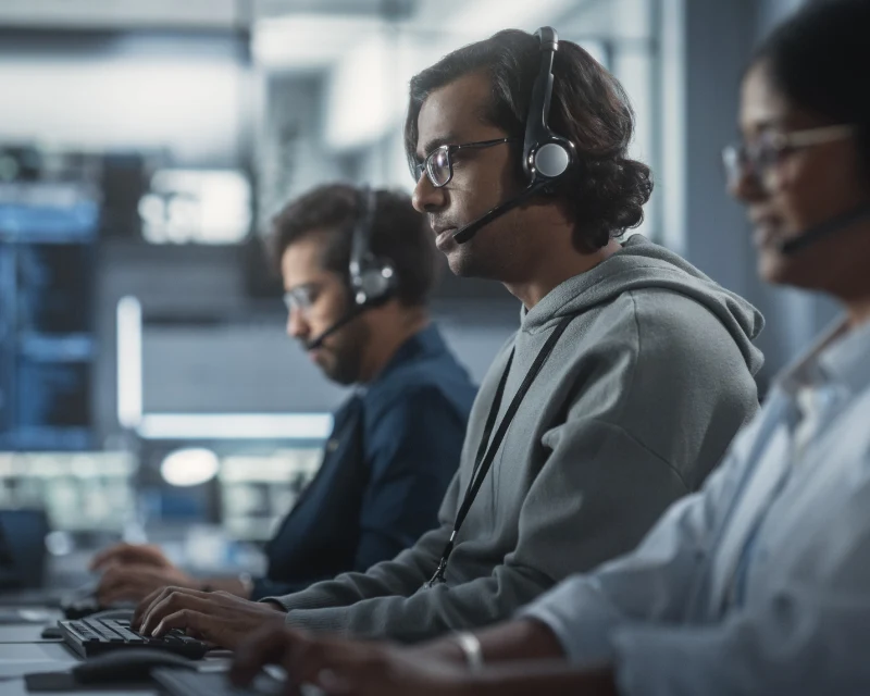 Man on call and at a computer